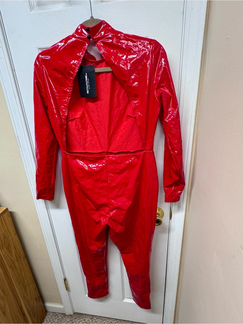 PrettyLittleThing Red Backless High Shine Vinyl Jumpsuit US 8 NWT Halloween - Picture 7 of 14